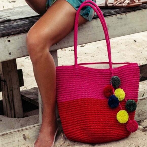 Billabong Handbags - Billabong  Pink  Straw Style PomPom  beach bag (NWOT)